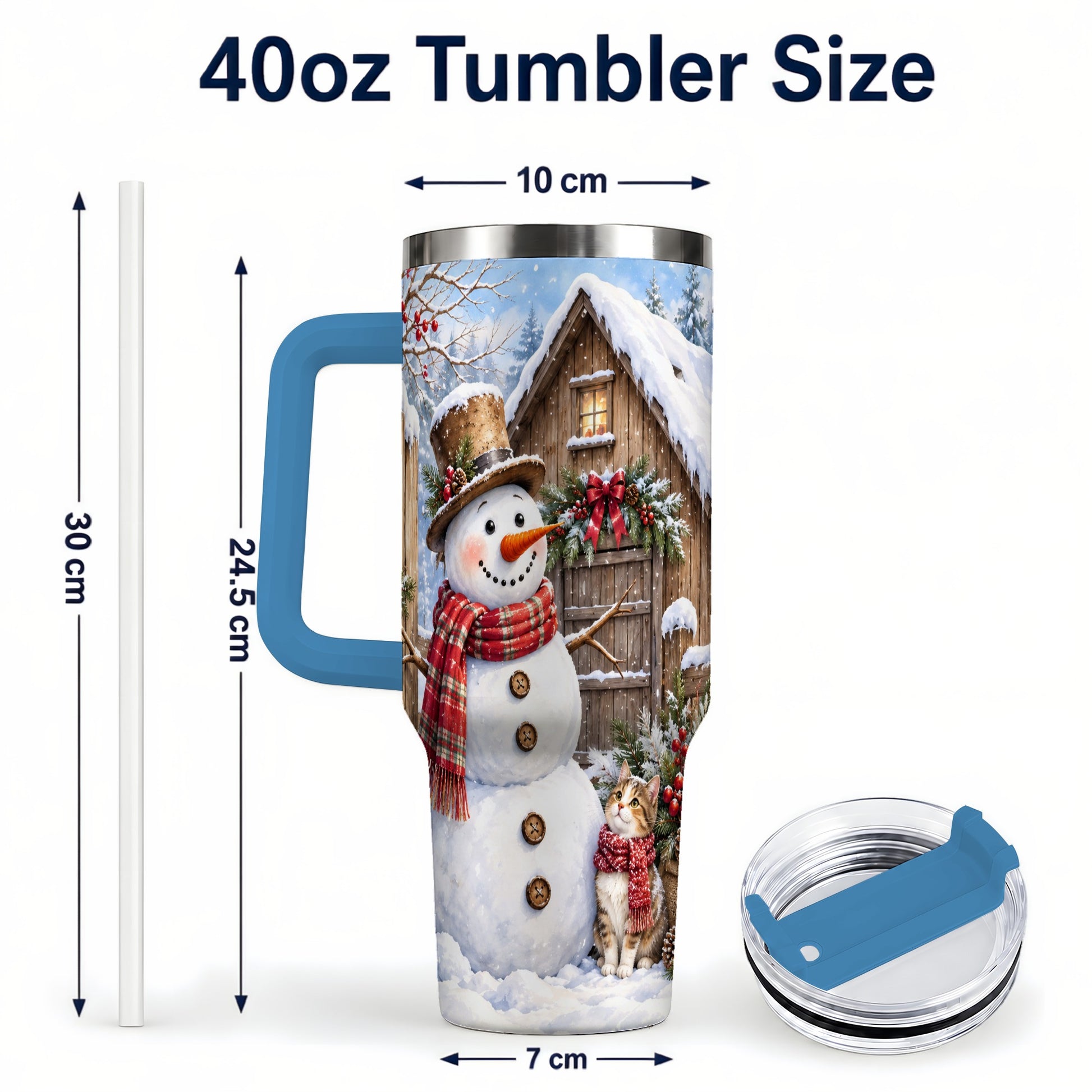 #pl[40oz|Blue] Snowman and Cat 40oz Tumbler with Handle, Cozy Winter Travel Cup