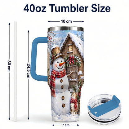 #pl[40oz|Blue] Snowman and Cat 40oz Tumbler with Handle, Cozy Winter Travel Cup