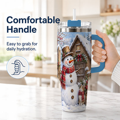 #pl[40oz|Blue] Snowman and Cat 40oz Tumbler with Handle, Cozy Winter Travel Cup