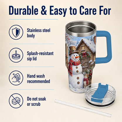 #pl[40oz|Blue] Snowman and Cat 40oz Tumbler with Handle, Cozy Winter Travel Cup