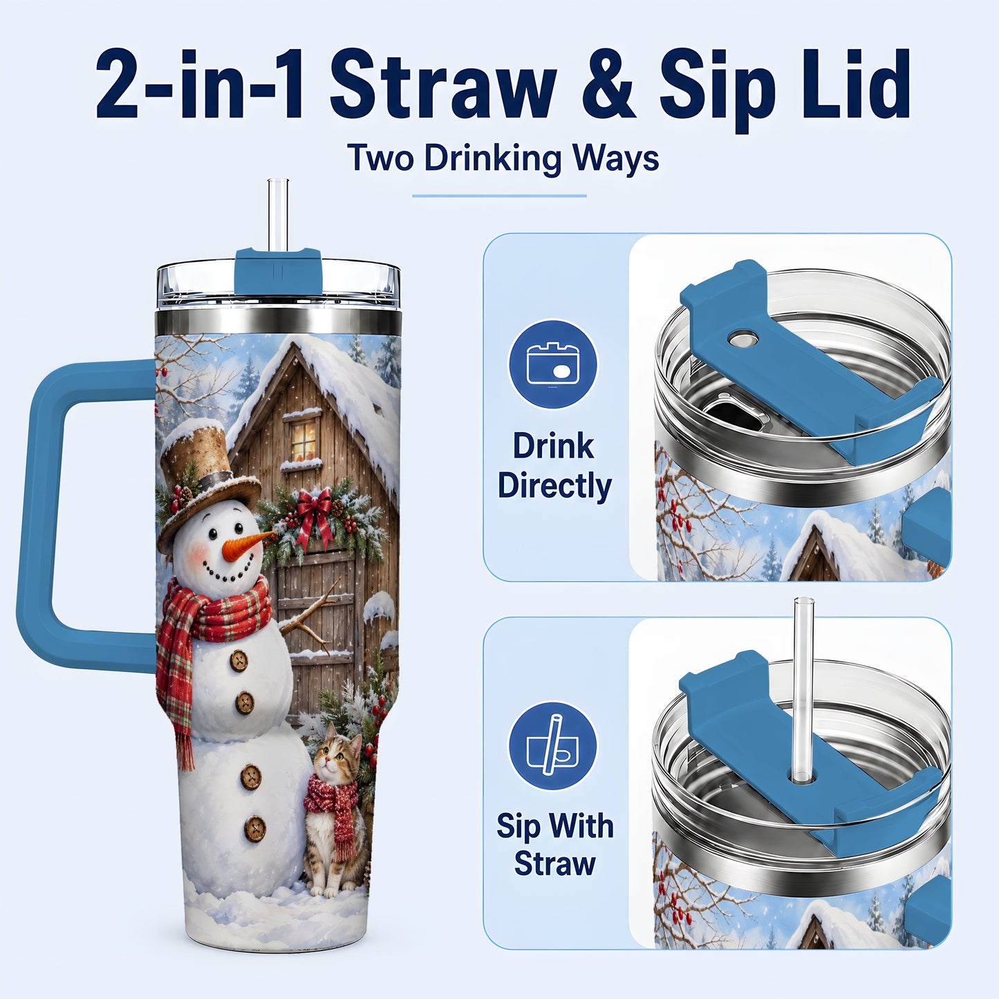 #pl[40oz|Blue] Snowman and Cat 40oz Tumbler with Handle, Cozy Winter Travel Cup