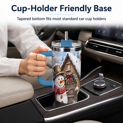 #pl[40oz|Blue] Snowman and Cat 40oz Tumbler with Handle, Cozy Winter Travel Cup
