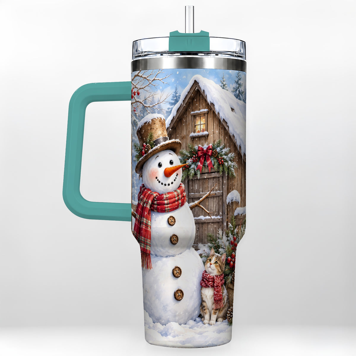 #pl[40oz|Green] Snowman and Cat 40oz Tumbler with Handle, Cozy Winter Travel Cup
