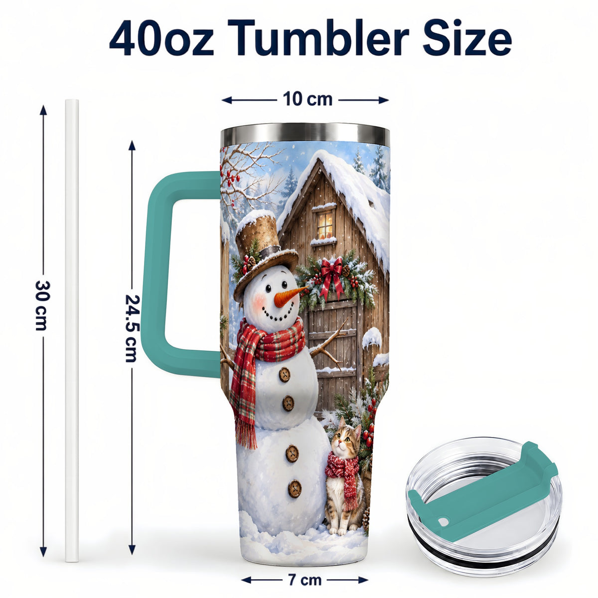 #pl[40oz|Green] Snowman and Cat 40oz Tumbler with Handle, Cozy Winter Travel Cup