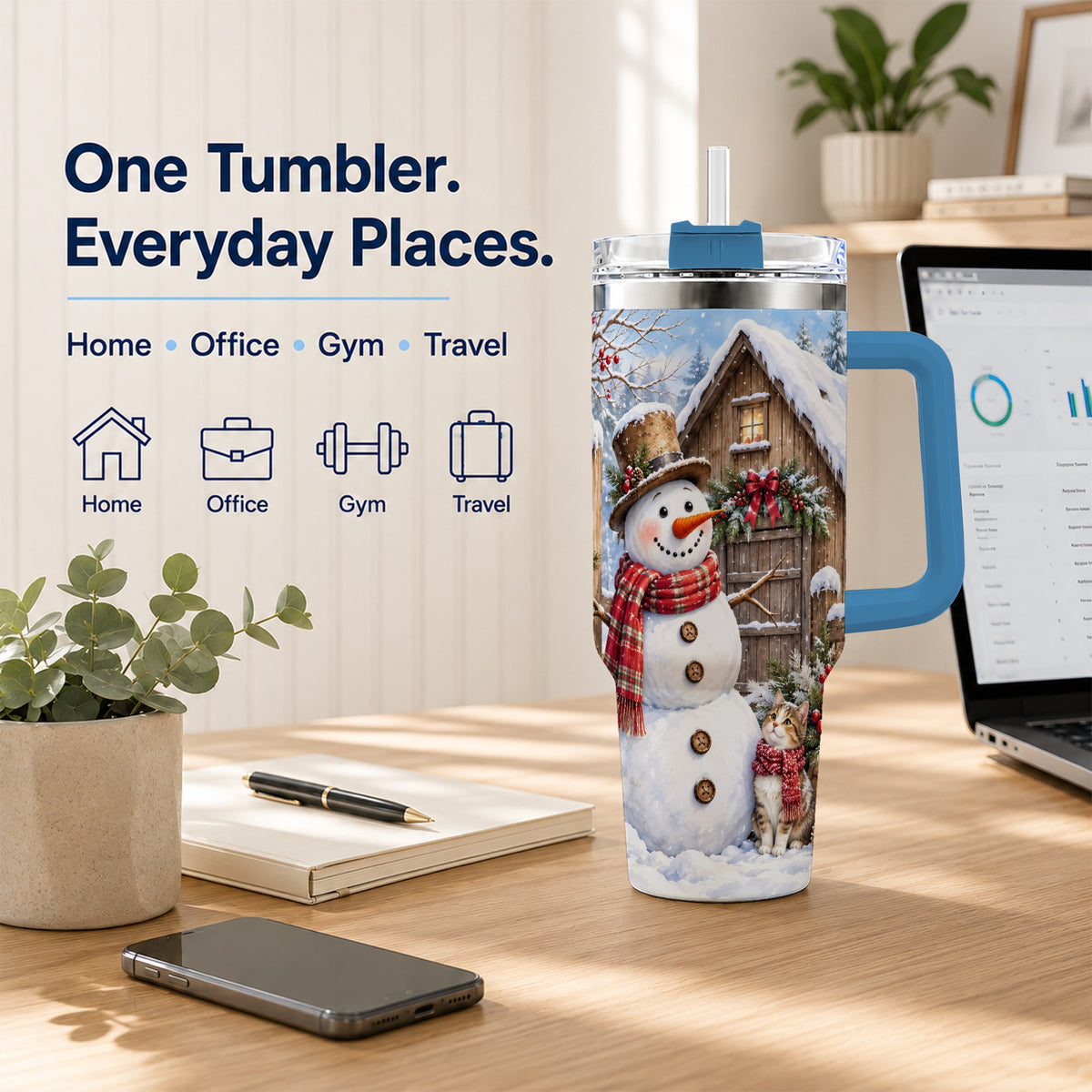 #pl[40oz|Blue] Snowman and Cat 40oz Tumbler with Handle, Cozy Winter Travel Cup