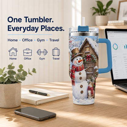 #pl[40oz|Blue] Snowman and Cat 40oz Tumbler with Handle, Cozy Winter Travel Cup