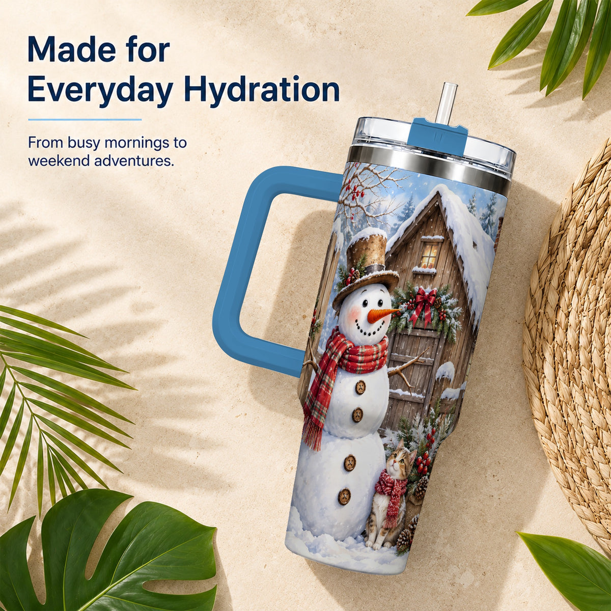 #pl[40oz|Blue] Snowman and Cat 40oz Tumbler with Handle, Cozy Winter Travel Cup