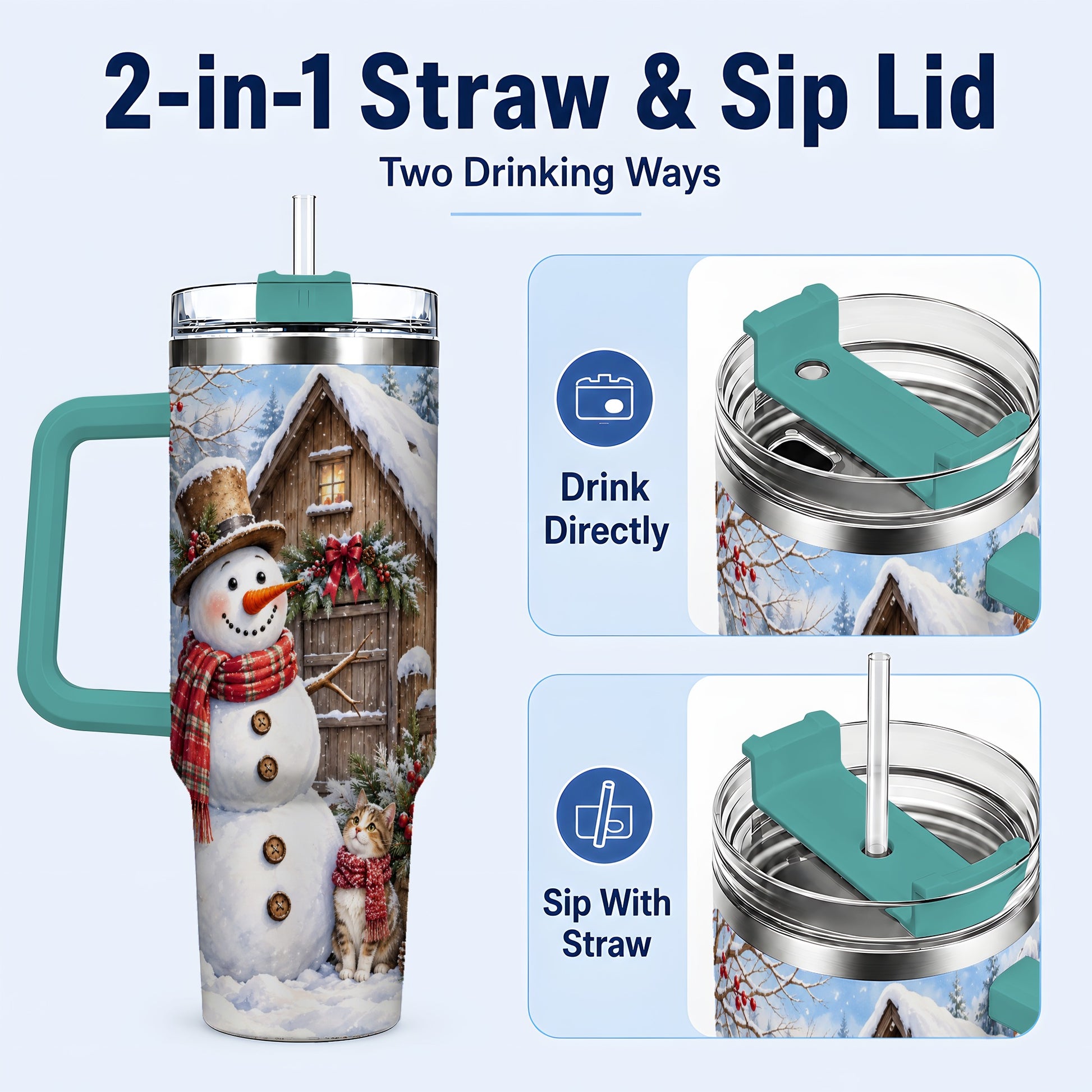 #pl[40oz|Green] Snowman and Cat 40oz Tumbler with Handle, Cozy Winter Travel Cup