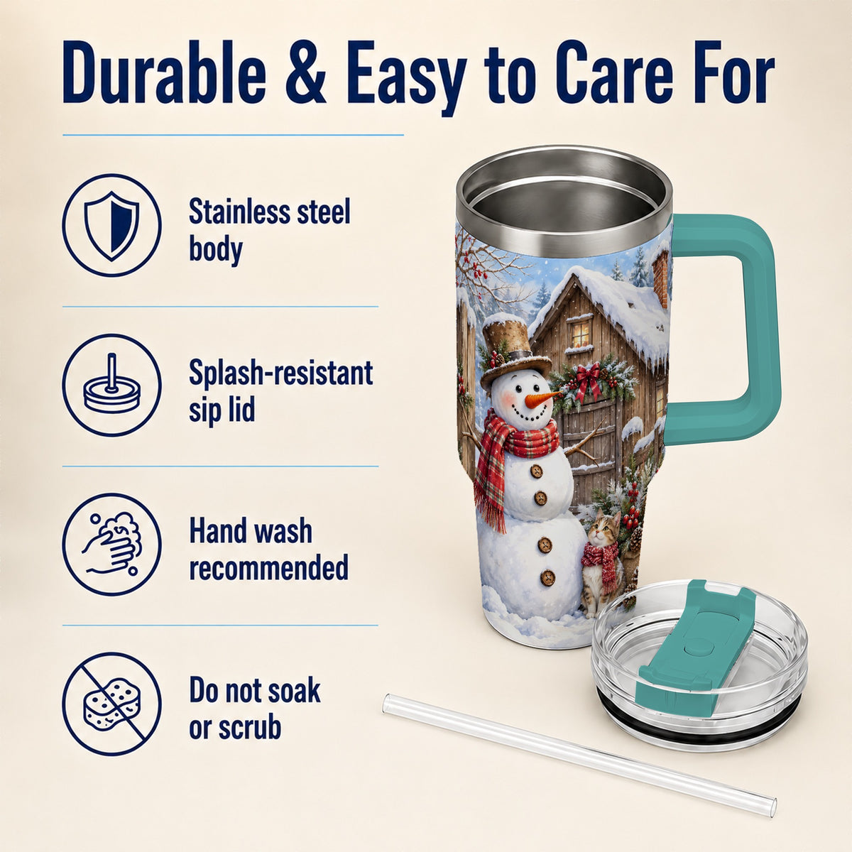 #pl[40oz|Green] Snowman and Cat 40oz Tumbler with Handle, Cozy Winter Travel Cup