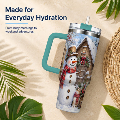 #pl[40oz|Green] Snowman and Cat 40oz Tumbler with Handle, Cozy Winter Travel Cup