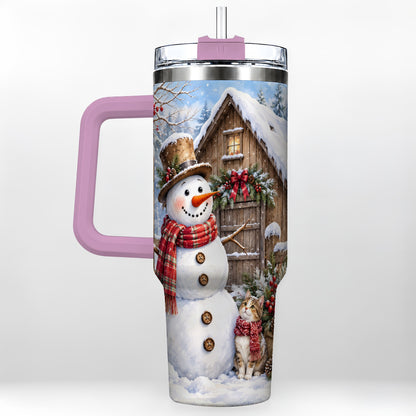 #pl[40oz|Pink] Snowman and Cat 40oz Tumbler with Handle, Cozy Winter Travel Cup