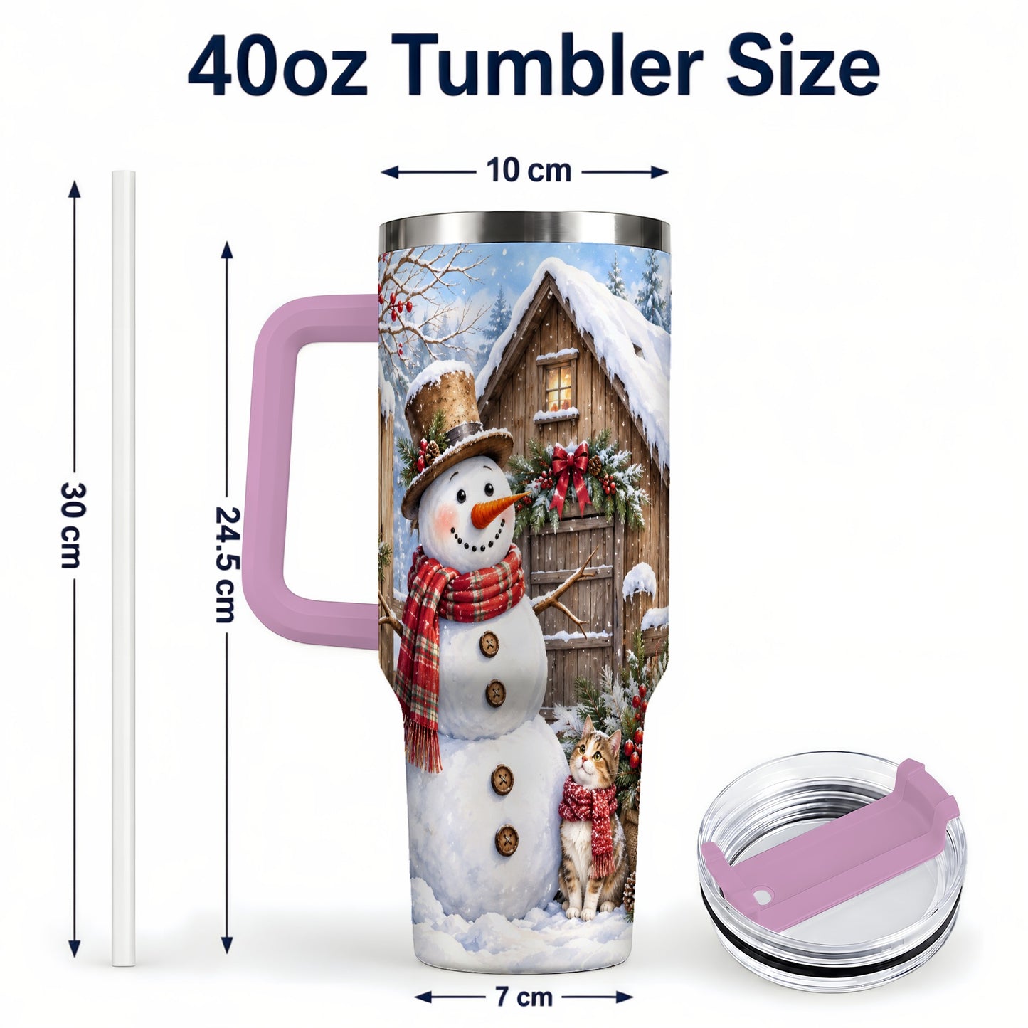 #pl[40oz|Pink] Snowman and Cat 40oz Tumbler with Handle, Cozy Winter Travel Cup