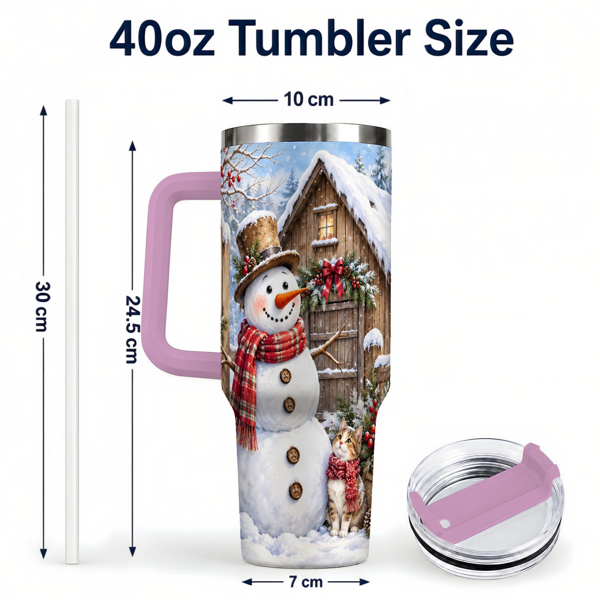 #pl[40oz|Pink] Snowman and Cat 40oz Tumbler with Handle, Cozy Winter Travel Cup