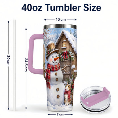 #pl[40oz|Pink] Snowman and Cat 40oz Tumbler with Handle, Cozy Winter Travel Cup