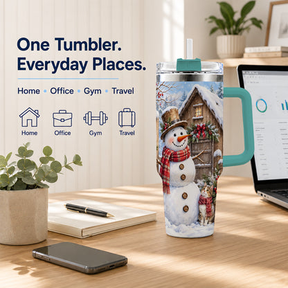 #pl[40oz|Green] Snowman and Cat 40oz Tumbler with Handle, Cozy Winter Travel Cup