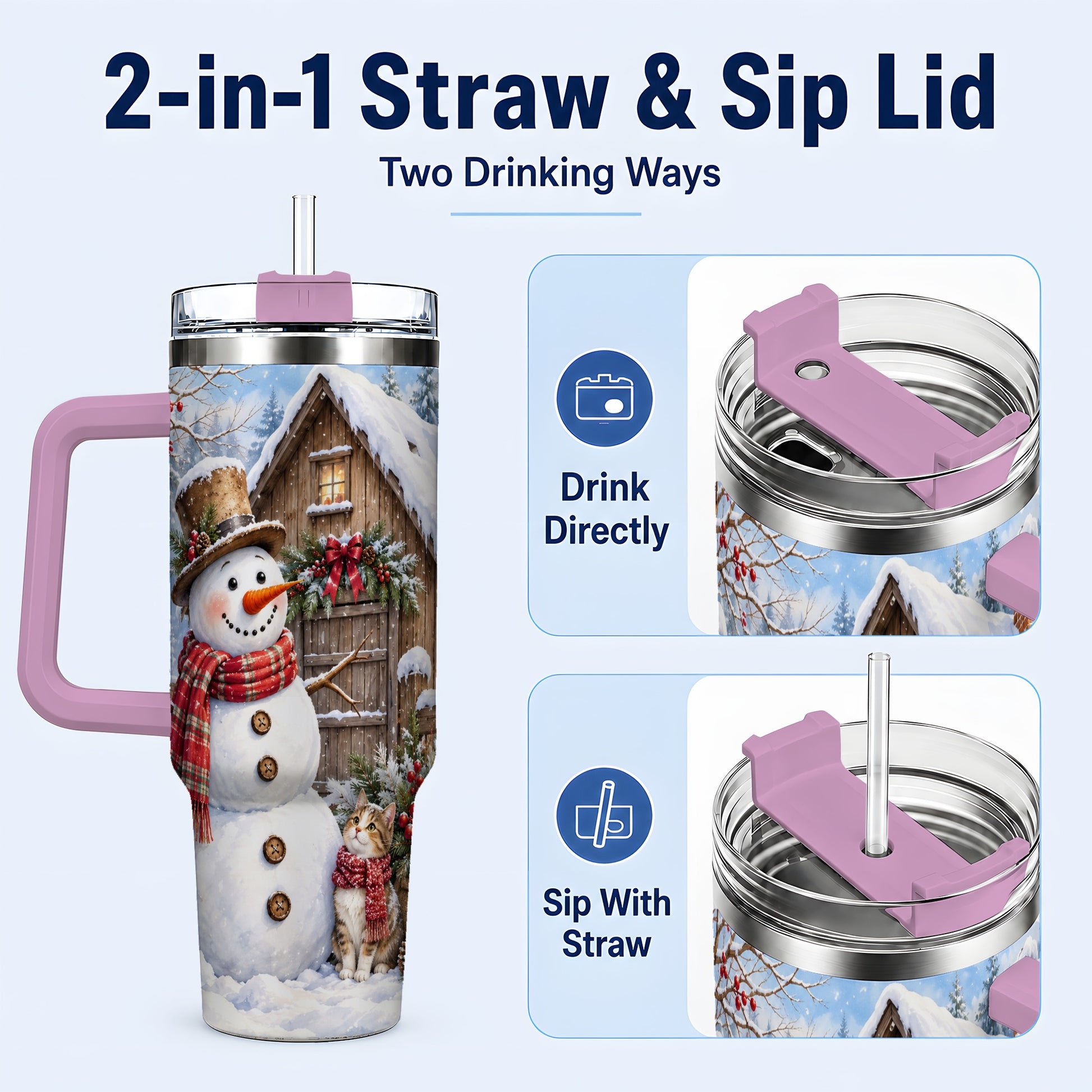 #pl[40oz|Pink] Snowman and Cat 40oz Tumbler with Handle, Cozy Winter Travel Cup