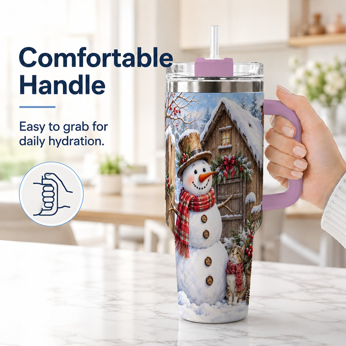 #pl[40oz|Pink] Snowman and Cat 40oz Tumbler with Handle, Cozy Winter Travel Cup