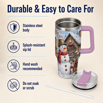 #pl[40oz|Pink] Snowman and Cat 40oz Tumbler with Handle, Cozy Winter Travel Cup