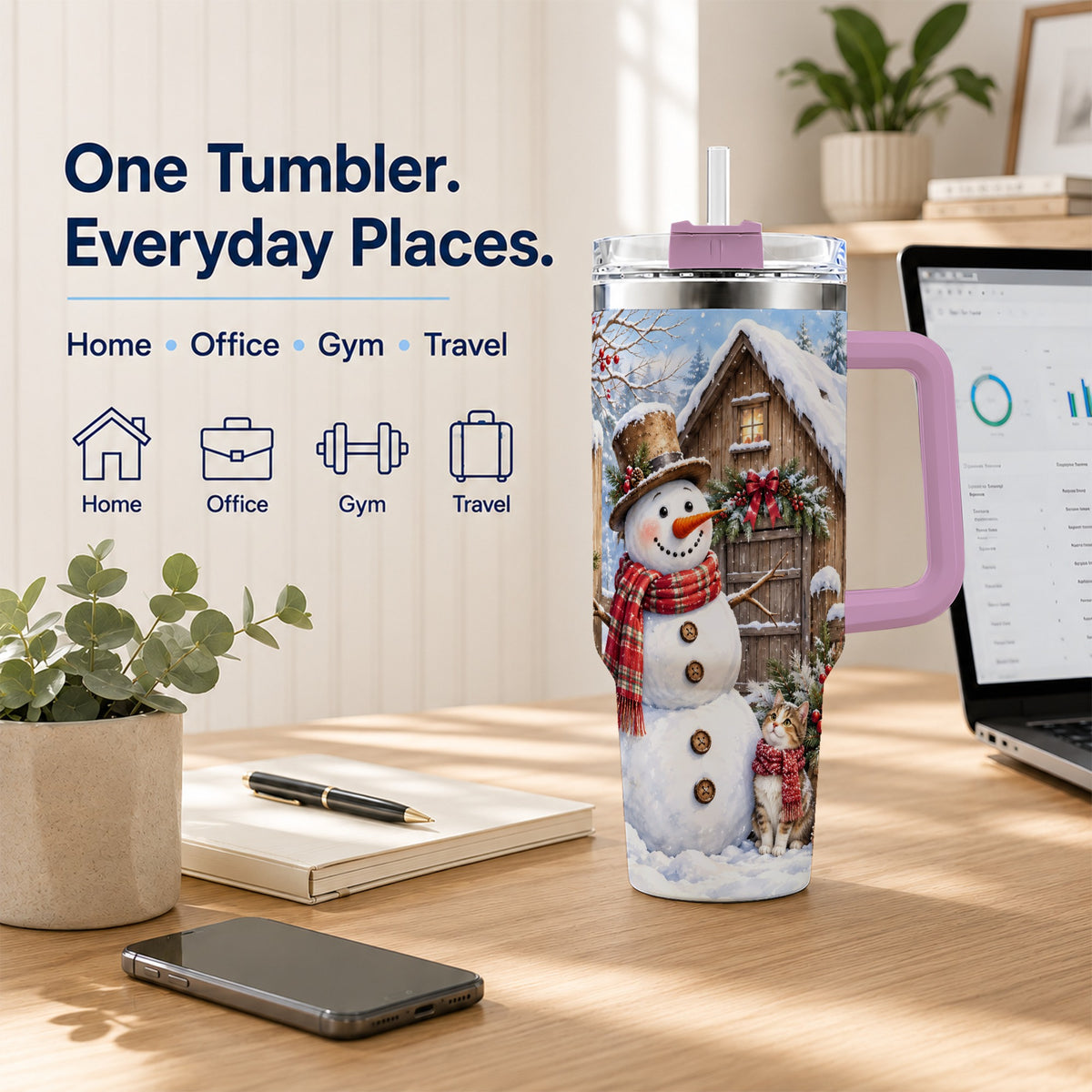 #pl[40oz|Pink] Snowman and Cat 40oz Tumbler with Handle, Cozy Winter Travel Cup