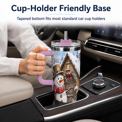 #pl[40oz|Pink] Snowman and Cat 40oz Tumbler with Handle, Cozy Winter Travel Cup