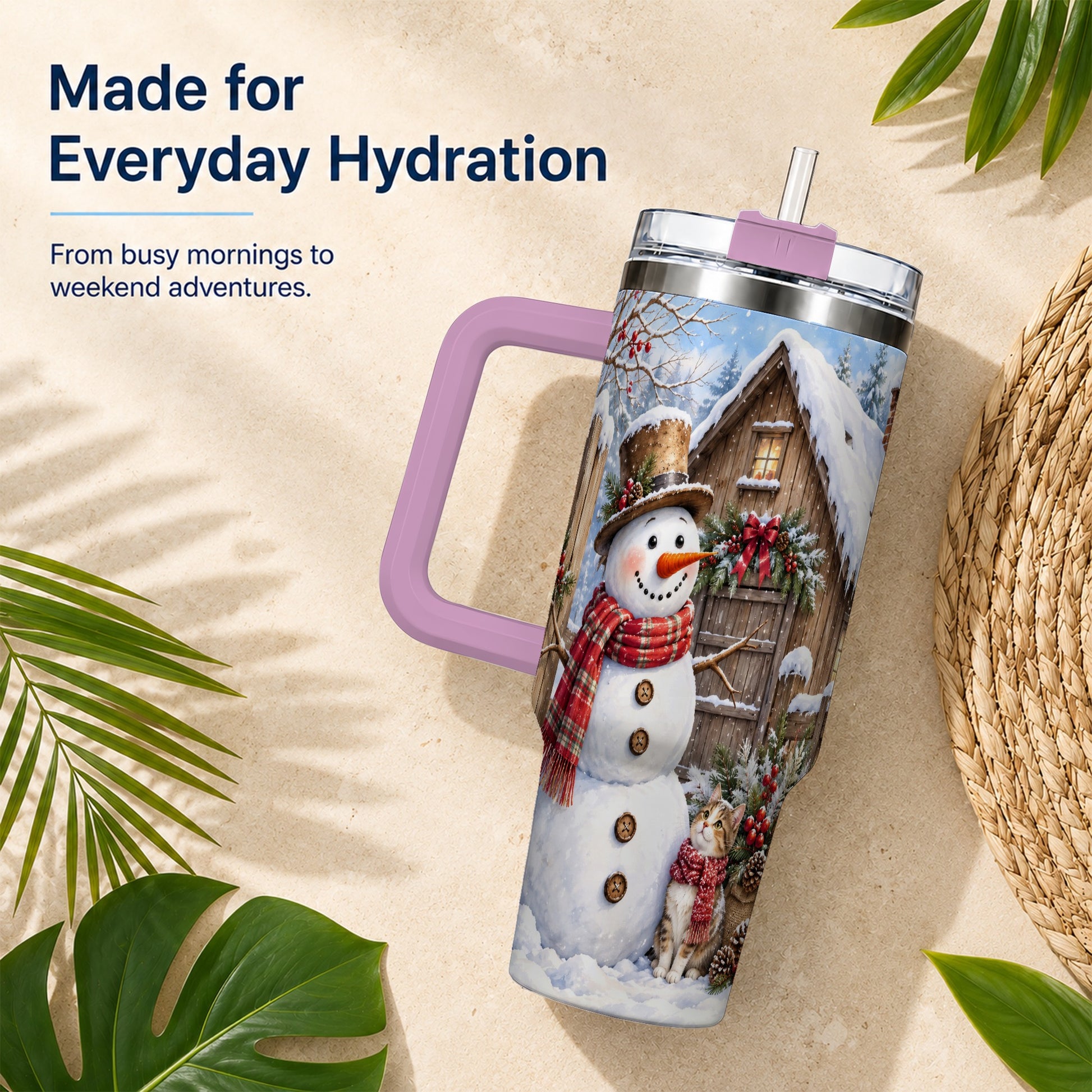 #pl[40oz|Pink] Snowman and Cat 40oz Tumbler with Handle, Cozy Winter Travel Cup
