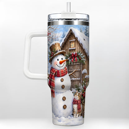 Snowman and Cat 40oz Tumbler with Handle, Cozy Winter Travel Cup