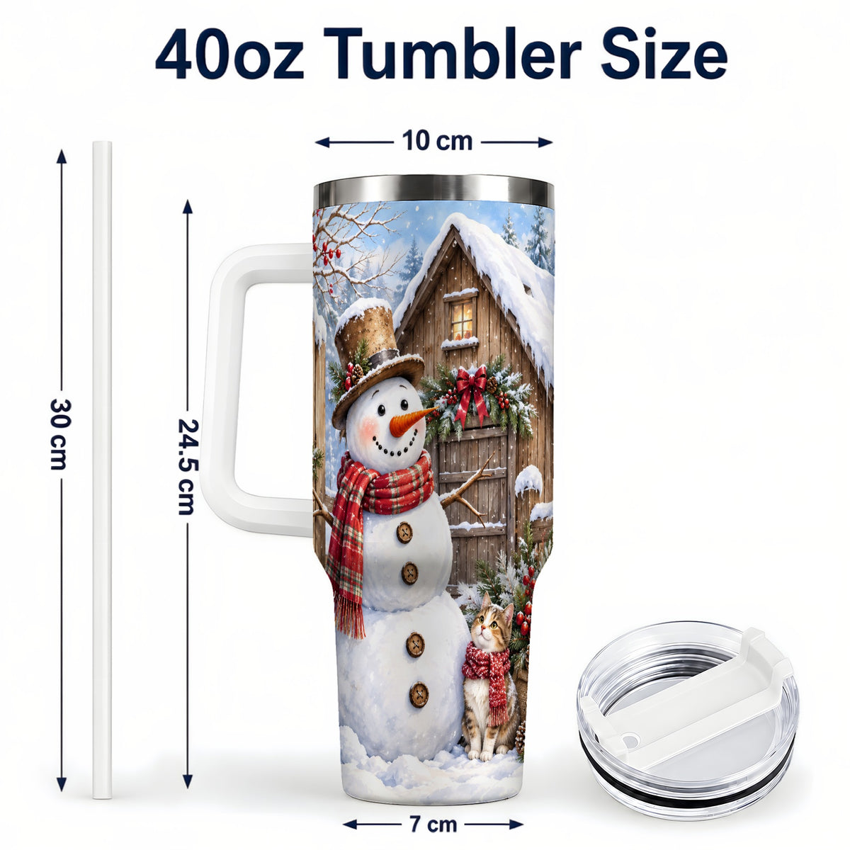 #pl[40oz|White] Snowman and Cat 40oz Tumbler with Handle, Cozy Winter Travel Cup