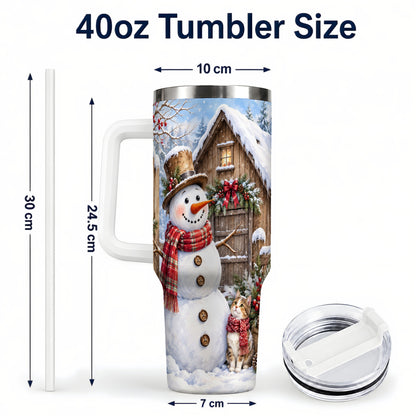 #pl[40oz|White] Snowman and Cat 40oz Tumbler with Handle, Cozy Winter Travel Cup