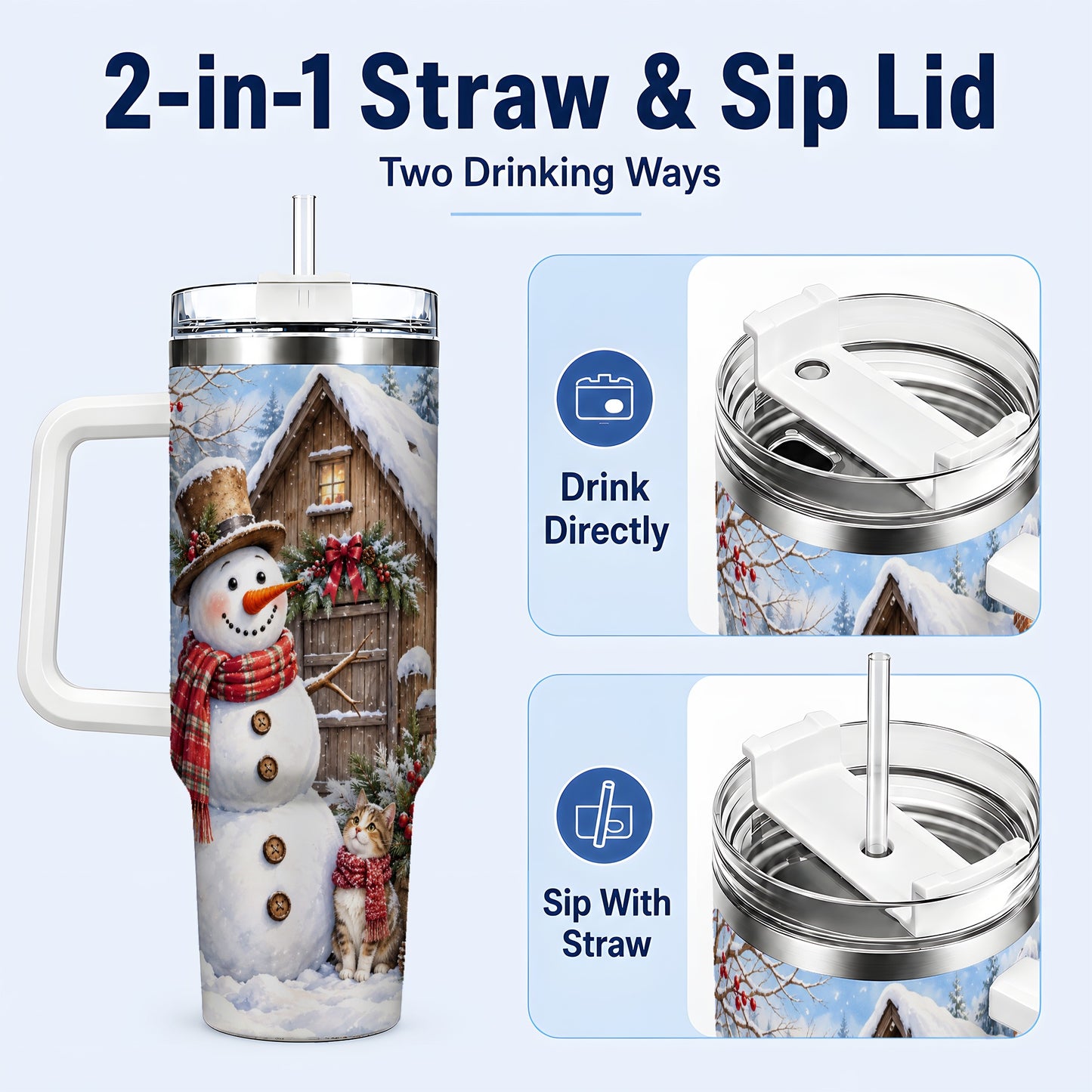 #pl[40oz|White] Snowman and Cat 40oz Tumbler with Handle, Cozy Winter Travel Cup