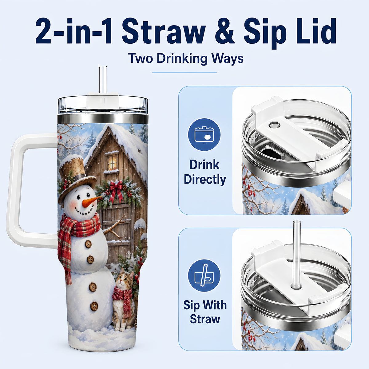 #pl[40oz|White] Snowman and Cat 40oz Tumbler with Handle, Cozy Winter Travel Cup