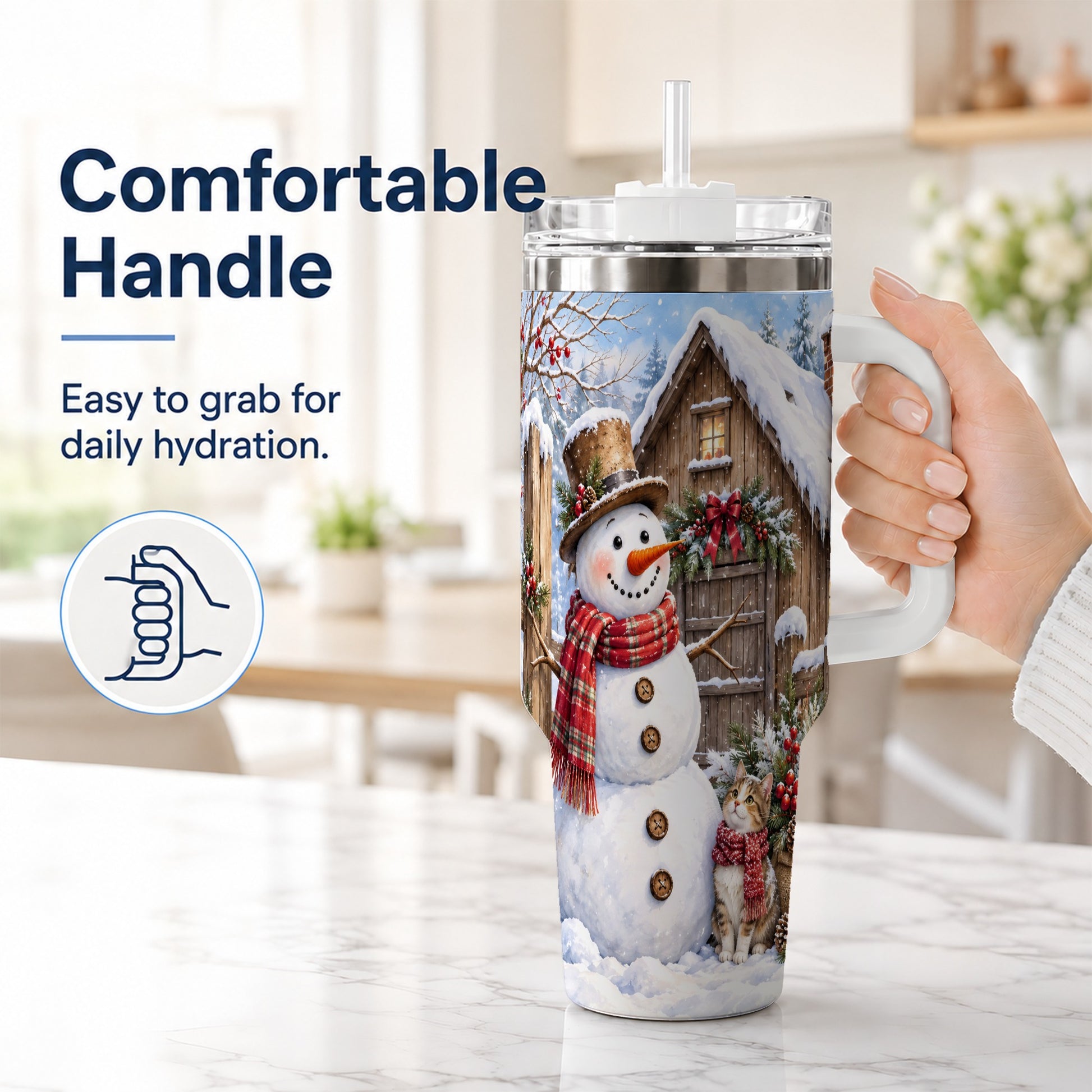 #pl[40oz|White] Snowman and Cat 40oz Tumbler with Handle, Cozy Winter Travel Cup