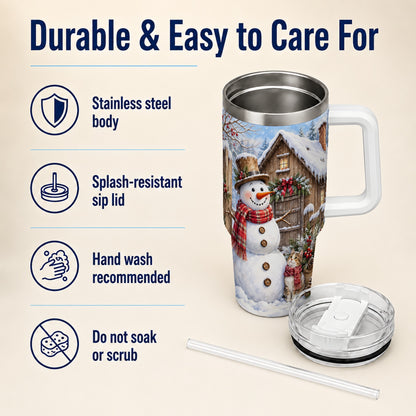 #pl[40oz|White] Snowman and Cat 40oz Tumbler with Handle, Cozy Winter Travel Cup