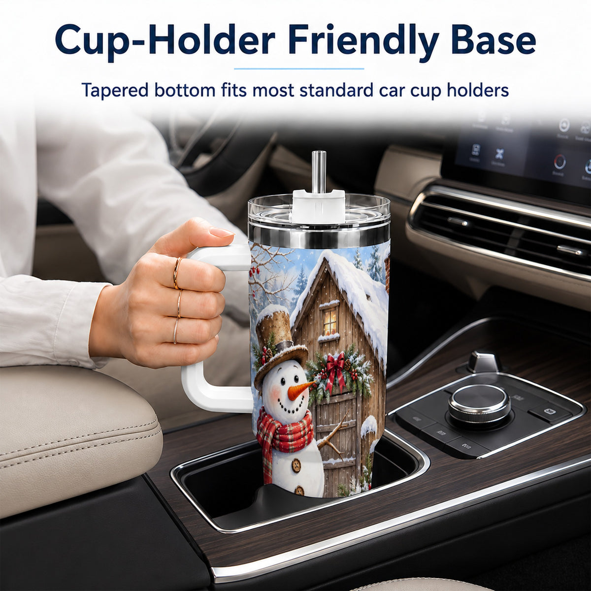 #pl[40oz|White] Snowman and Cat 40oz Tumbler with Handle, Cozy Winter Travel Cup