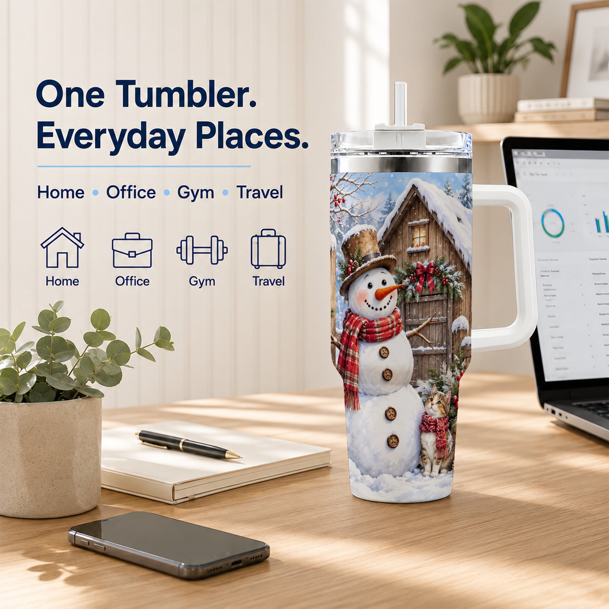 #pl[40oz|White] Snowman and Cat 40oz Tumbler with Handle, Cozy Winter Travel Cup