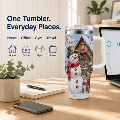 #pl[40oz|White] Snowman and Cat 40oz Tumbler with Handle, Cozy Winter Travel Cup