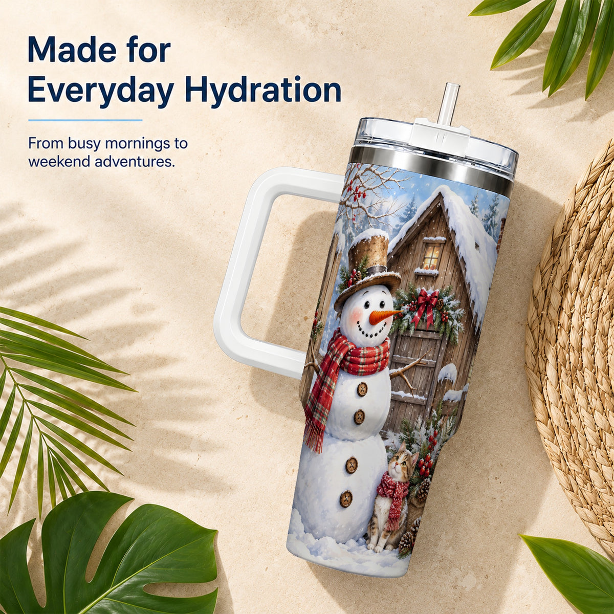 #pl[40oz|White] Snowman and Cat 40oz Tumbler with Handle, Cozy Winter Travel Cup