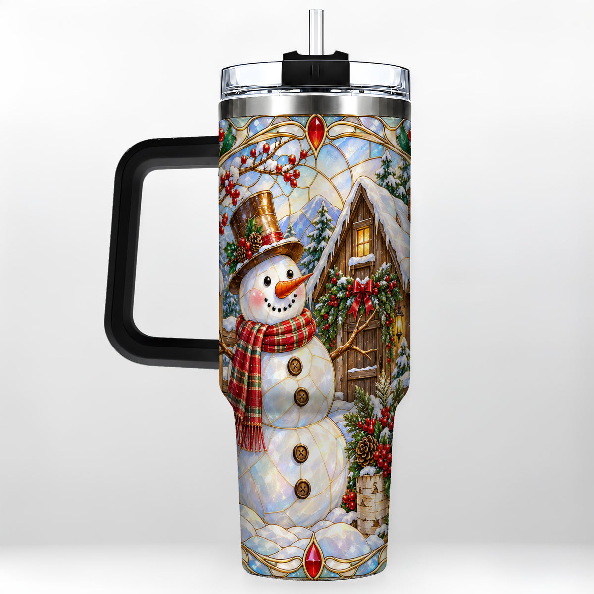 #pl[40oz|Black] Snowman Cabin 40oz Tumbler with Handle, Stained Glass Style Travel Cup