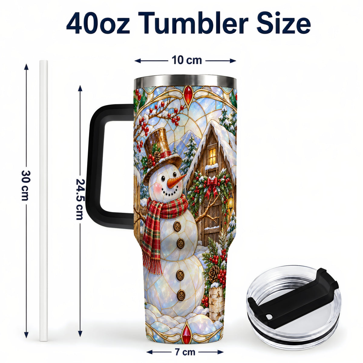 #pl[40oz|Black] Snowman Cabin 40oz Tumbler with Handle, Stained Glass Style Travel Cup