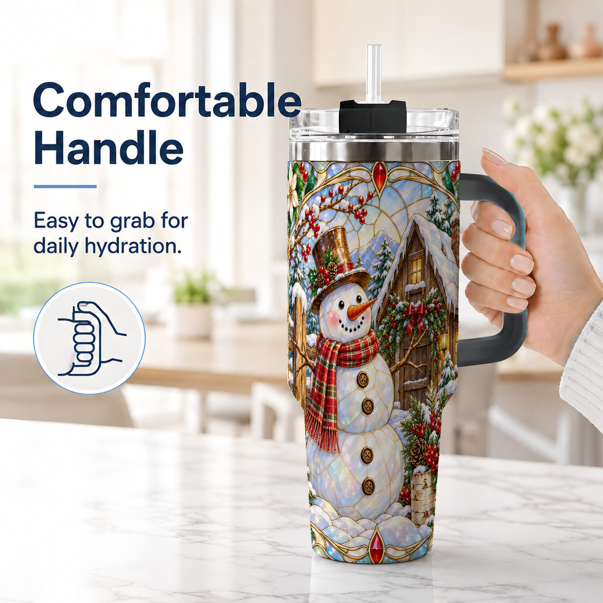 #pl[40oz|Black] Snowman Cabin 40oz Tumbler with Handle, Stained Glass Style Travel Cup