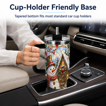 #pl[40oz|Black] Snowman Cabin 40oz Tumbler with Handle, Stained Glass Style Travel Cup