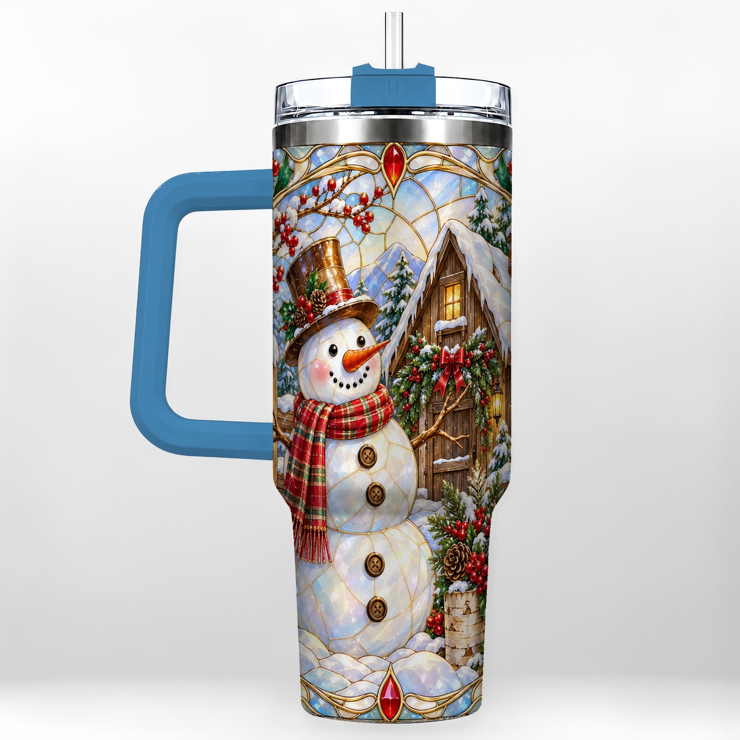#pl[40oz|Blue] Snowman Cabin 40oz Tumbler with Handle, Stained Glass Style Travel Cup