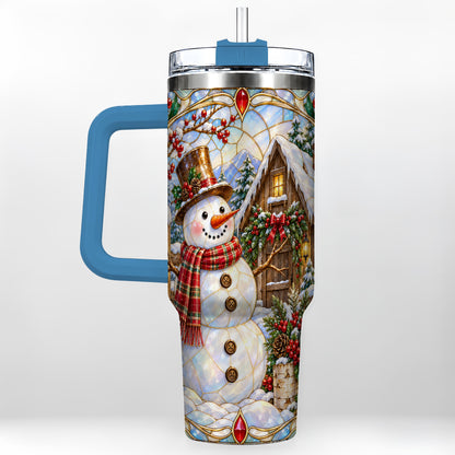 #pl[40oz|Blue] Snowman Cabin 40oz Tumbler with Handle, Stained Glass Style Travel Cup