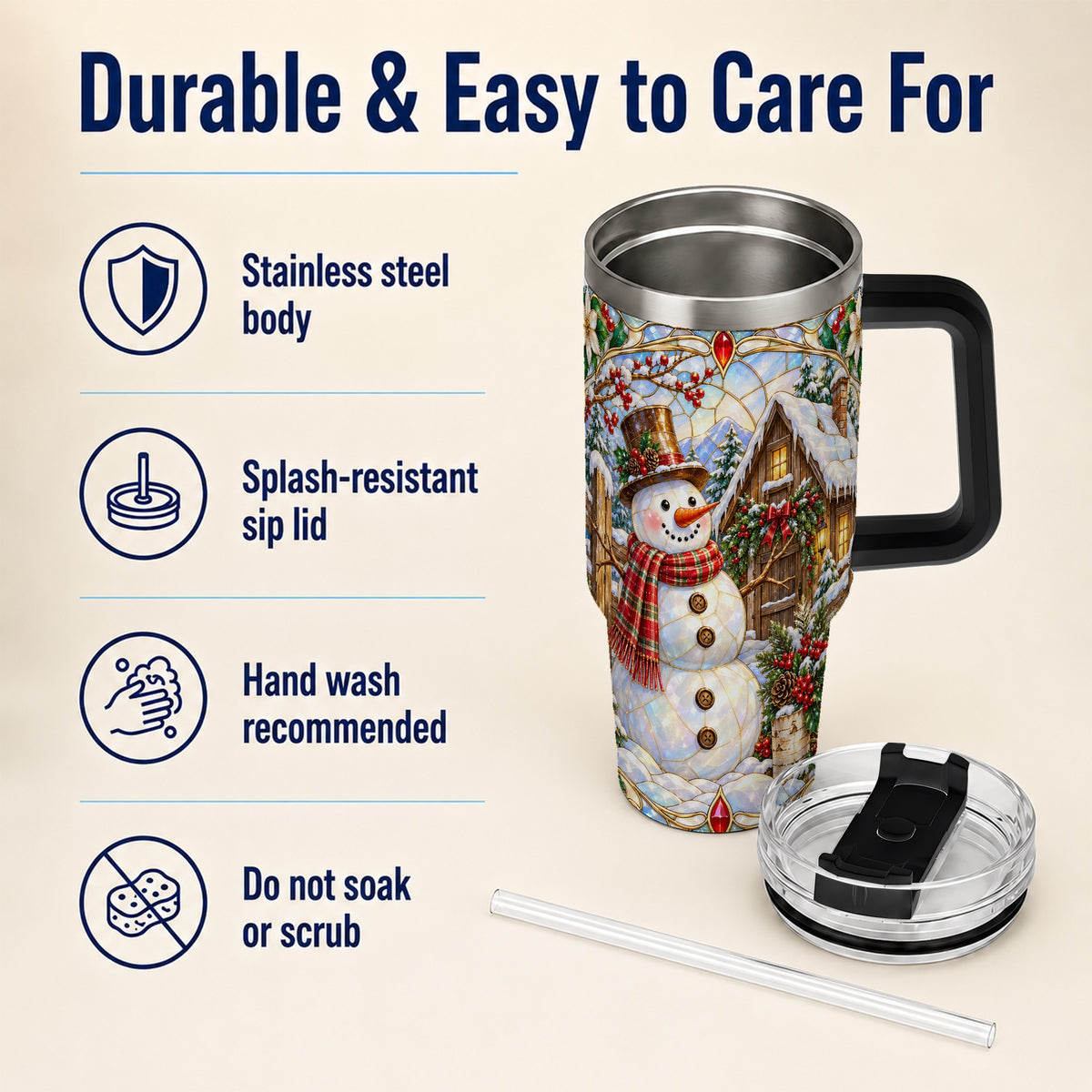 #pl[40oz|Black] Snowman Cabin 40oz Tumbler with Handle, Stained Glass Style Travel Cup