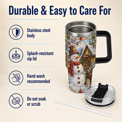 #pl[40oz|Black] Snowman Cabin 40oz Tumbler with Handle, Stained Glass Style Travel Cup