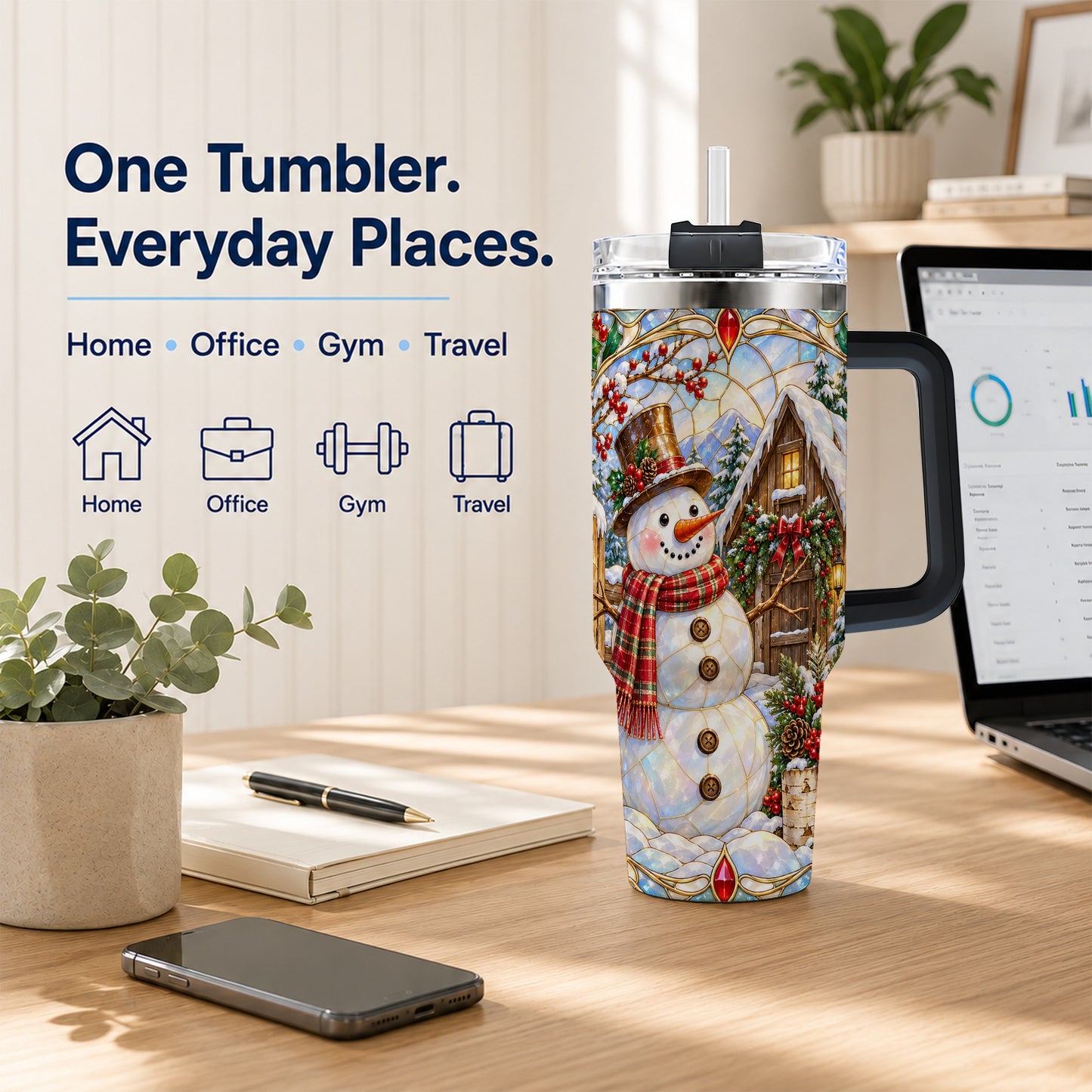 #pl[40oz|Black] Snowman Cabin 40oz Tumbler with Handle, Stained Glass Style Travel Cup