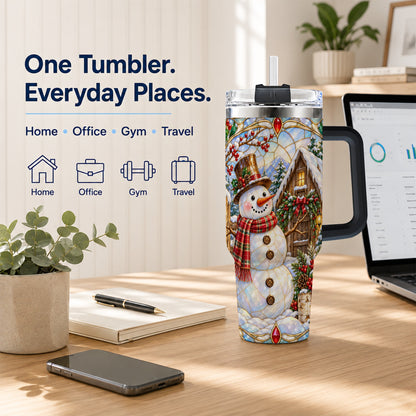 #pl[40oz|Black] Snowman Cabin 40oz Tumbler with Handle, Stained Glass Style Travel Cup