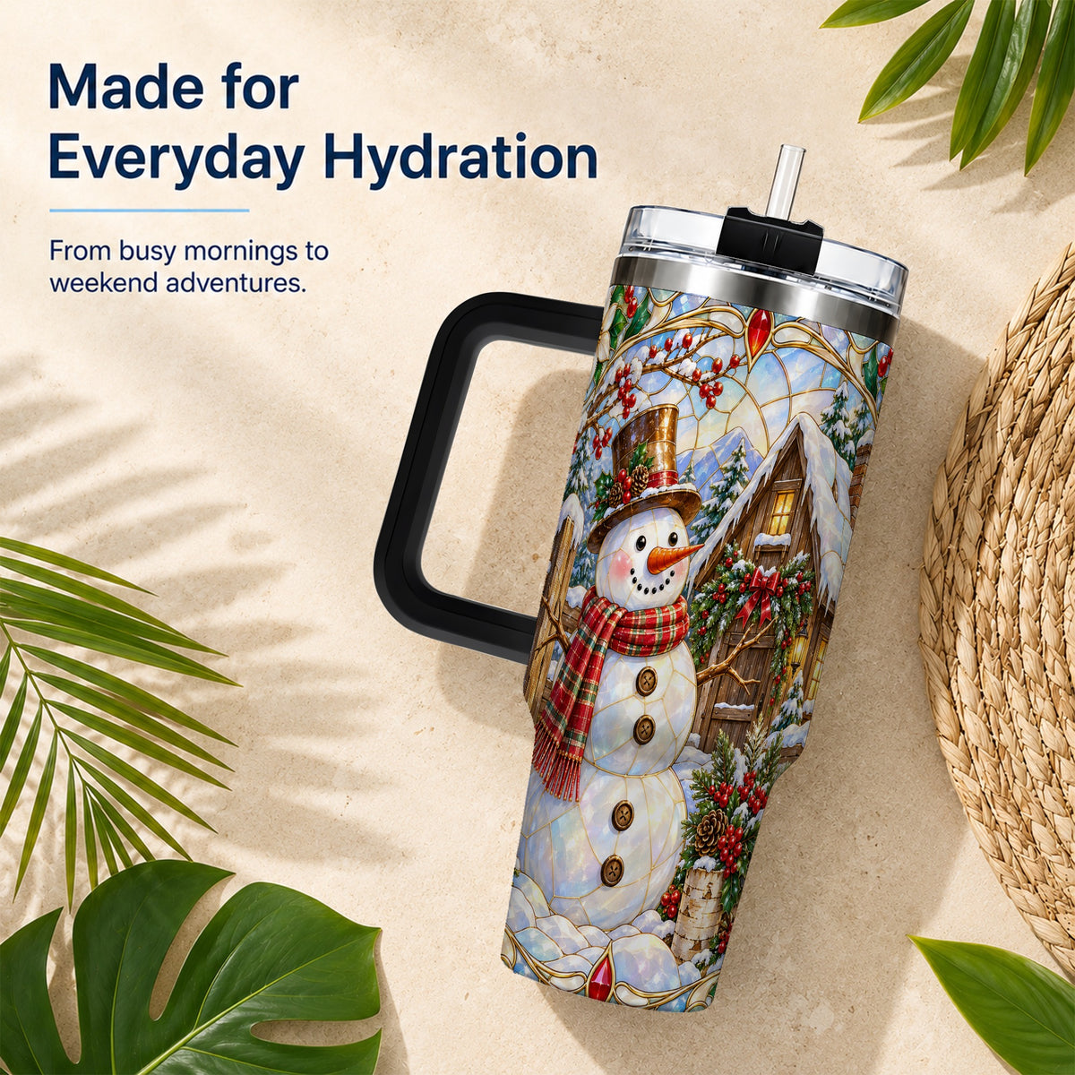 #pl[40oz|Black] Snowman Cabin 40oz Tumbler with Handle, Stained Glass Style Travel Cup