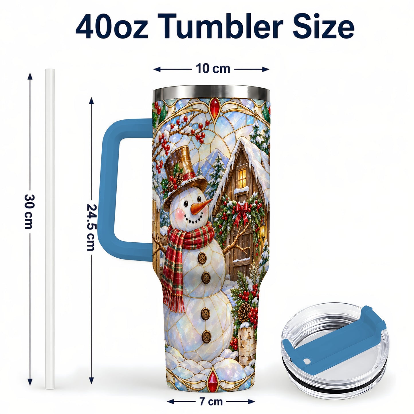 #pl[40oz|Blue] Snowman Cabin 40oz Tumbler with Handle, Stained Glass Style Travel Cup