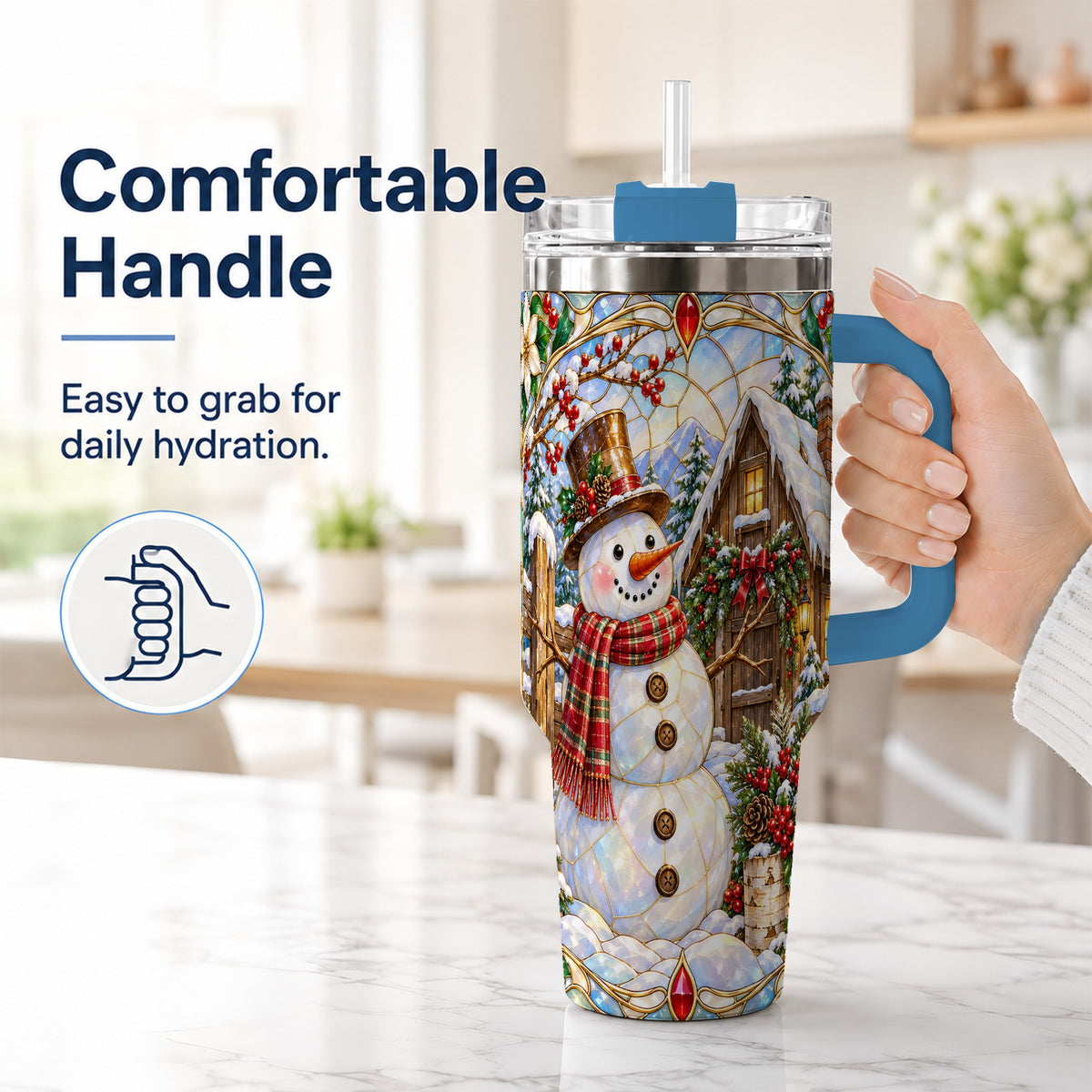 #pl[40oz|Blue] Snowman Cabin 40oz Tumbler with Handle, Stained Glass Style Travel Cup