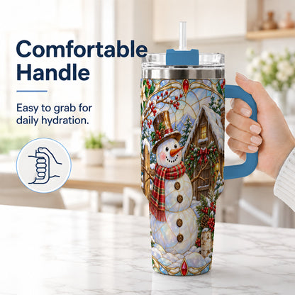 #pl[40oz|Blue] Snowman Cabin 40oz Tumbler with Handle, Stained Glass Style Travel Cup